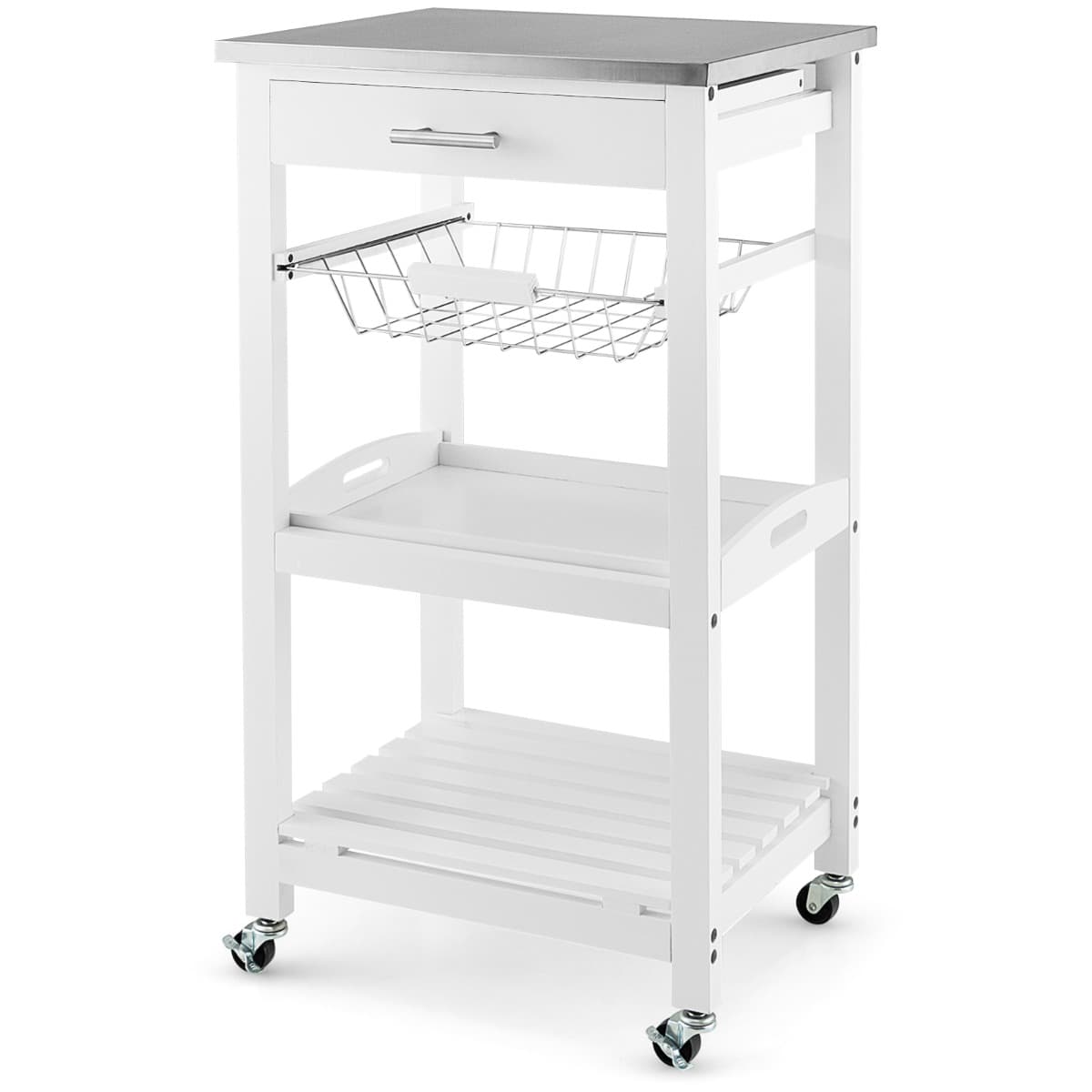CostwayDesserte sur Roues avec Comptoir en Acier Inoxydable 47x39x85CM Blanc