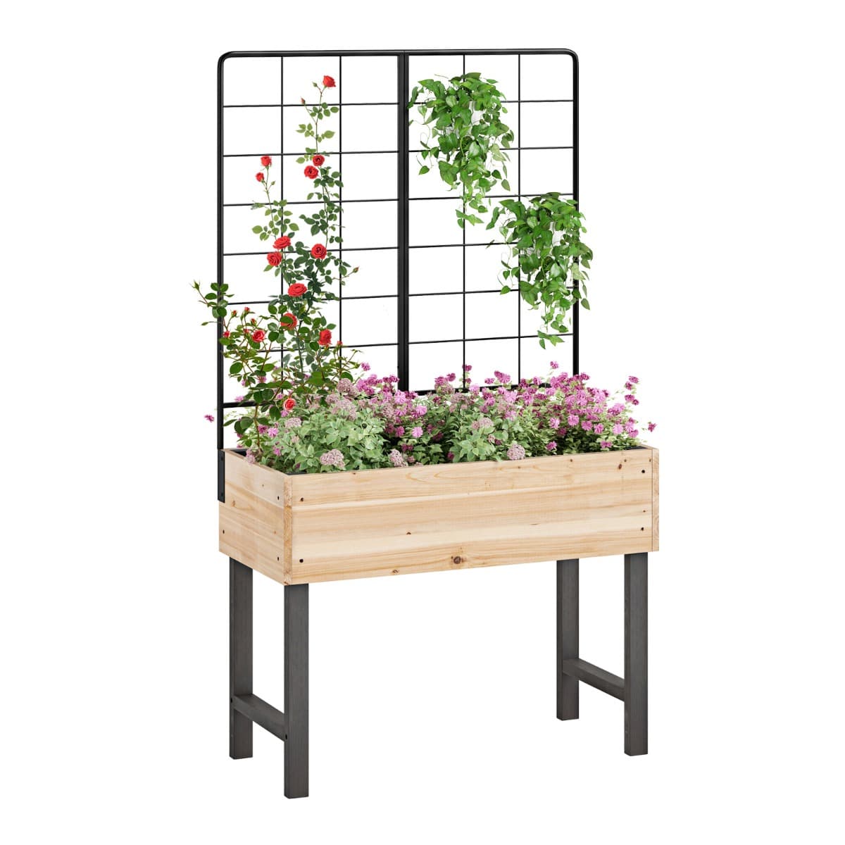 CostwayJardinière Surélevée avec Treillis Métallique Bac à Plantes Élevé en Bois avec Pieds pour Plante Grimpante Vigne Fleur Herbe Légume Fruit
